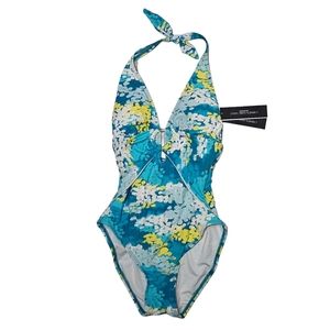 CARMEN MARC VALVO size 6 Abstract-Print Plunge-Neck One-Piece Swimsuit